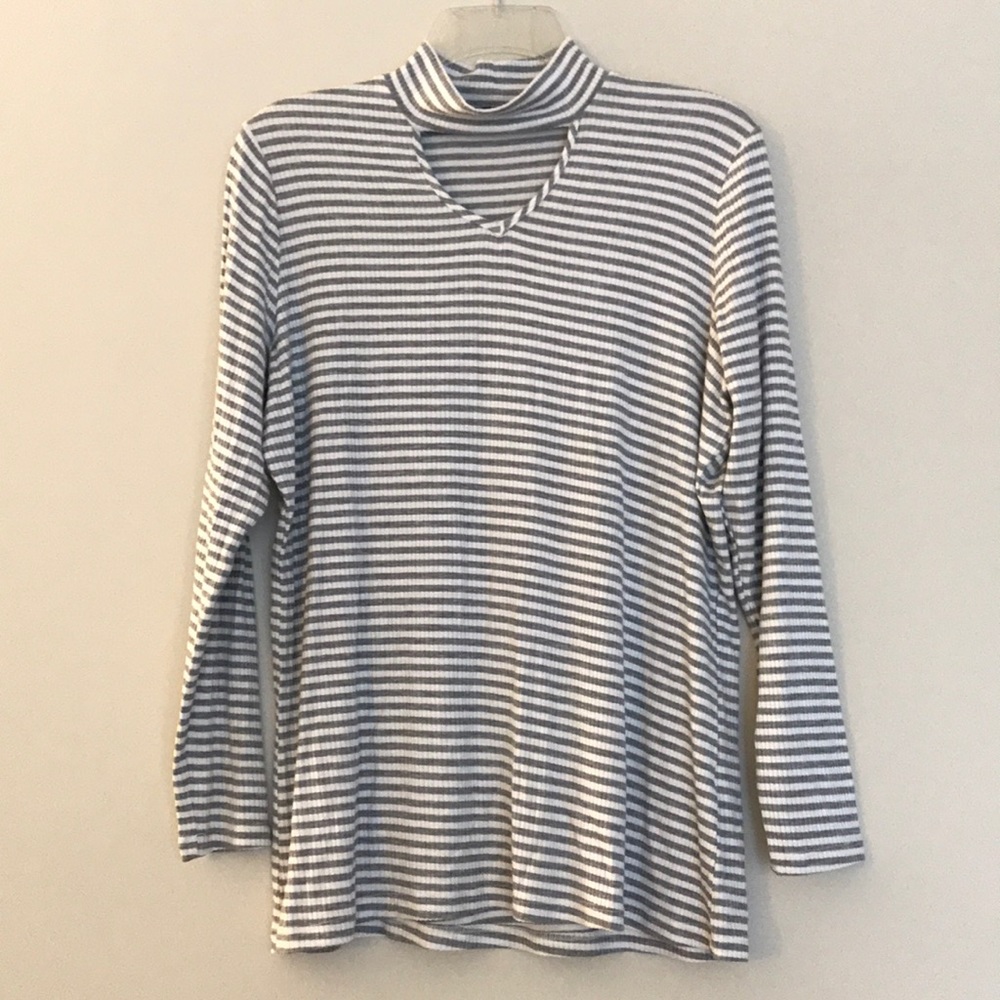 Gray and white stripped shirt with keyhole